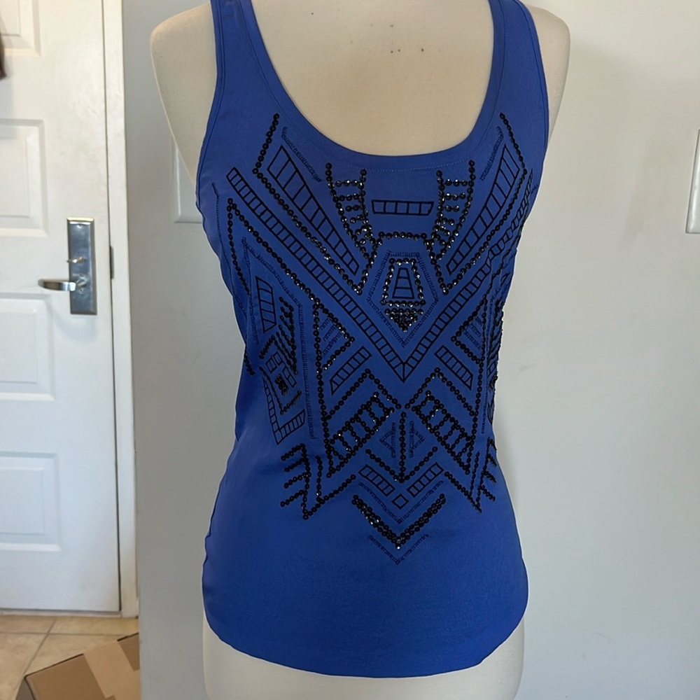 Blue Tank with Black Sequin Graphic